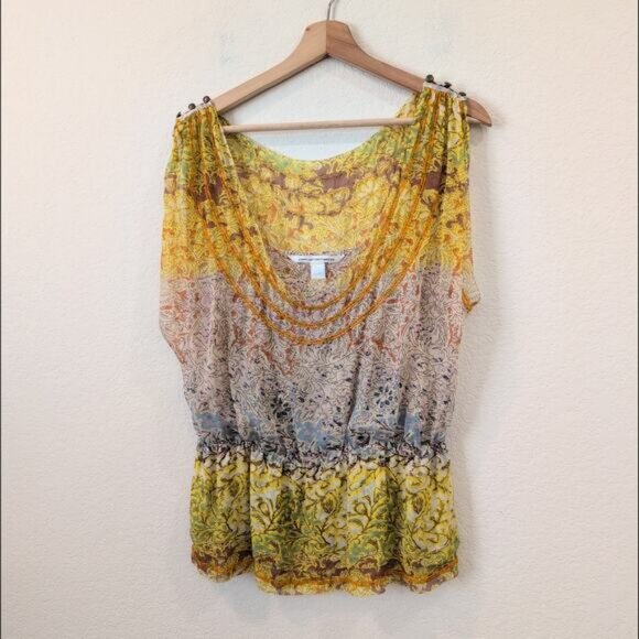 Diane von Furstenberg Silk Beaded Blouse Yellow Multi Top Womens 10 Boho Dreamy - Picture 5 of 8